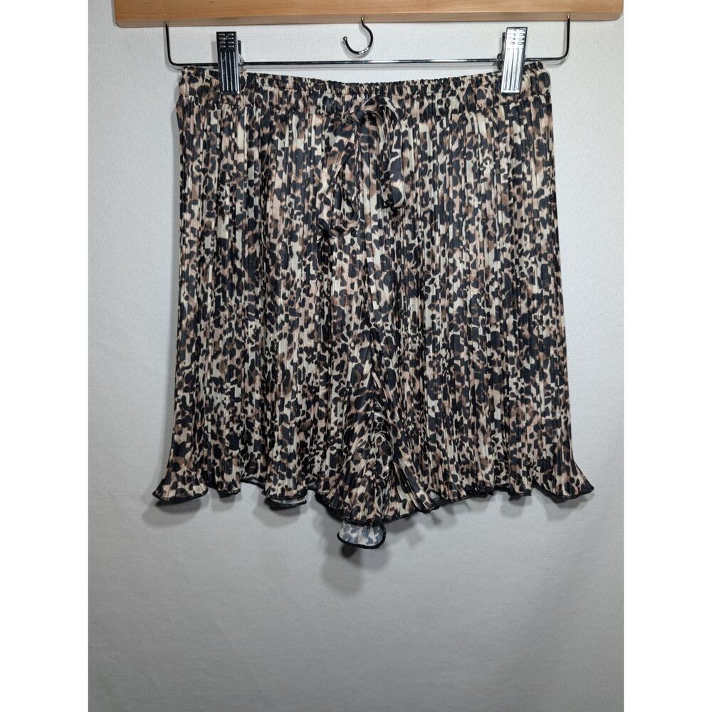 Hutch Animal Print Pleated Ruffle Hem Shorts - Black, Cream, Brown
